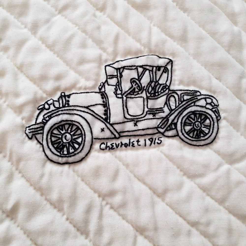 King Queen Quilt Embroidered Antique Cars Grey White Hand Stitched Needlepoint